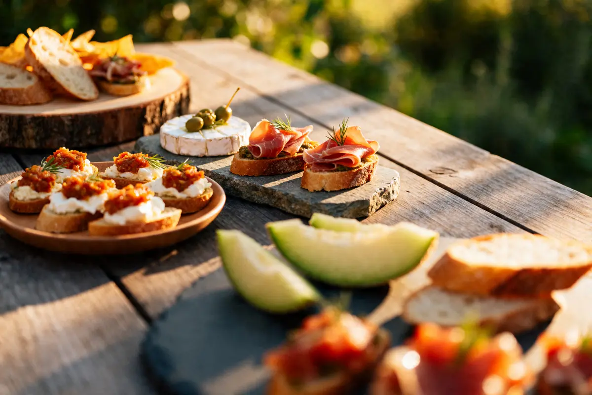 Assortiment de tapas et melon sur table en bois pour apéro sympa en plein air