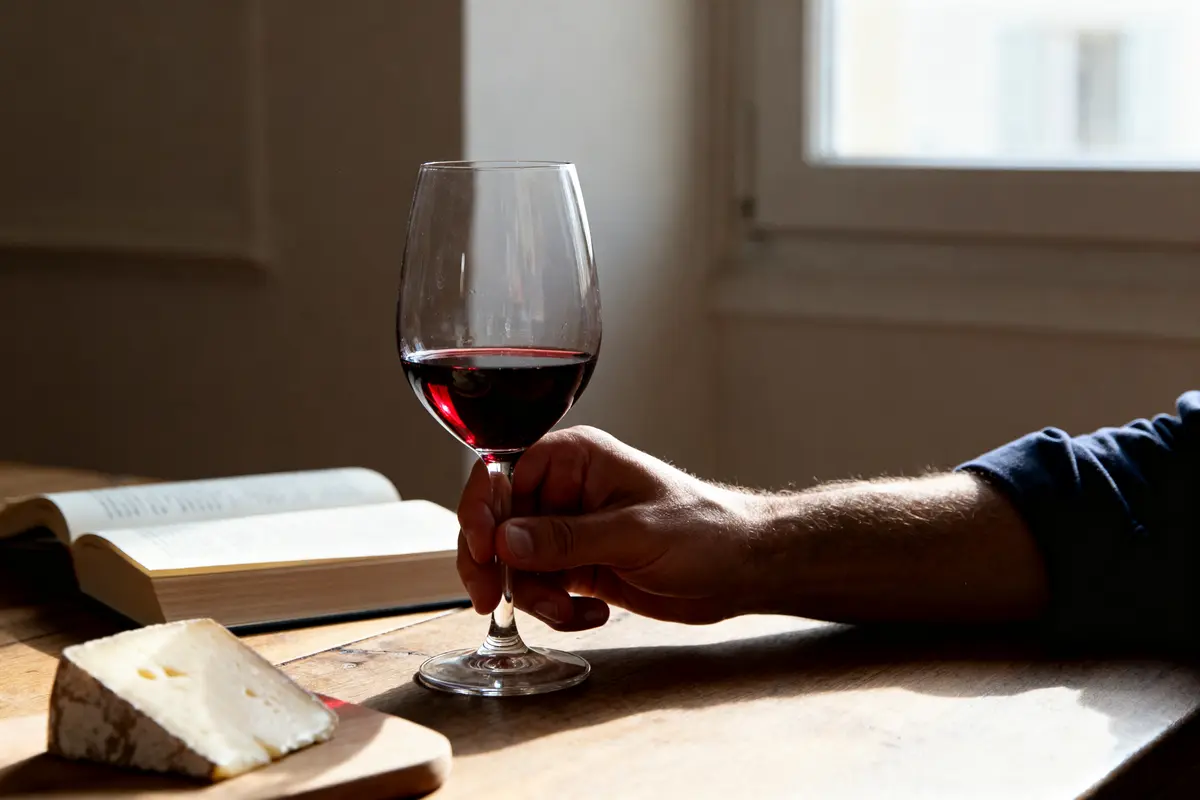 Main tenant un verre de vin rouge près d'un livre et fromage sur table bois