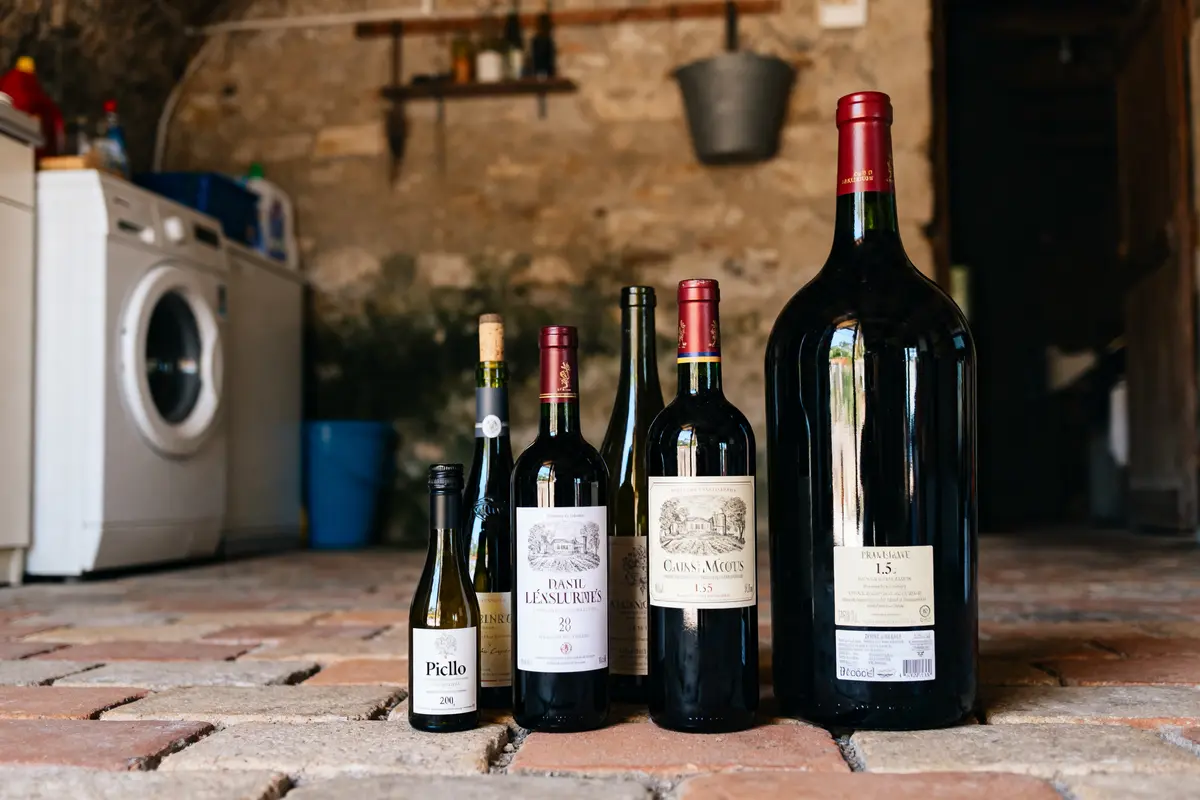 Différentes tailles des bouteilles de vin posées sur le sol d'une cave en briques