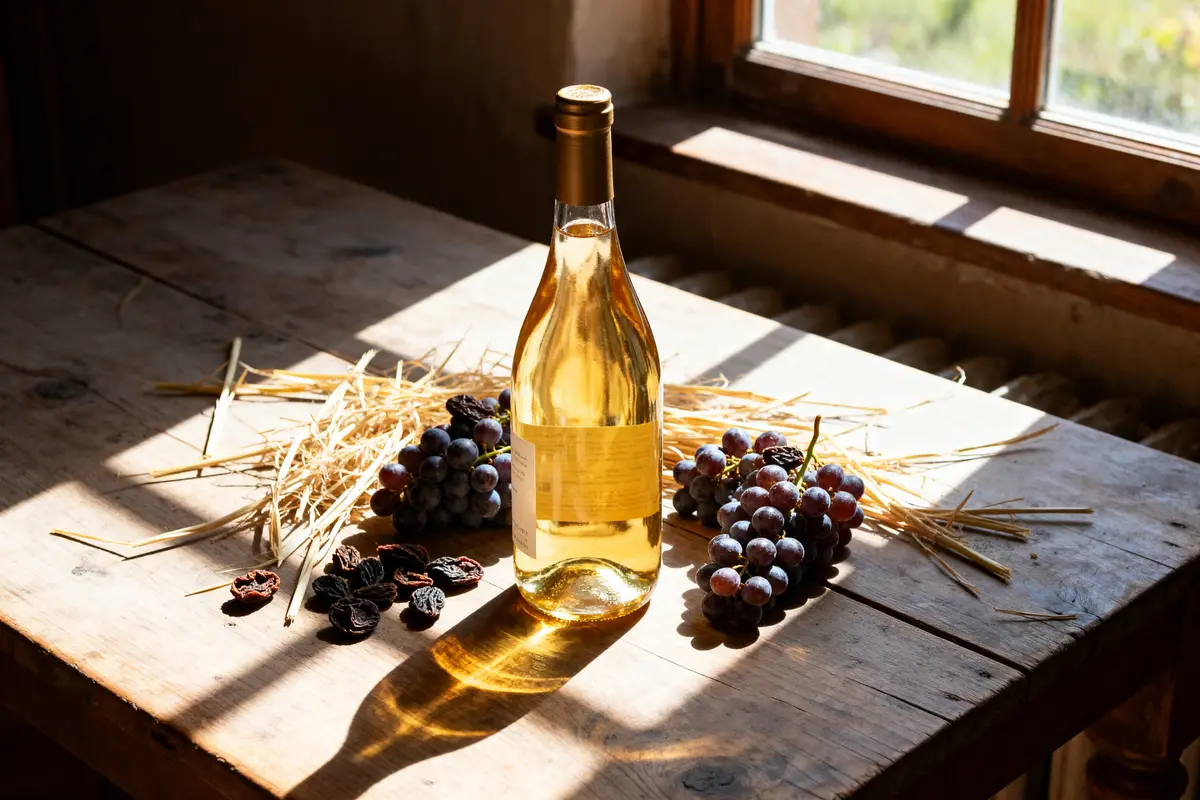 Bouteille de vin de paille sur table avec raisins, paille et lumière naturelle