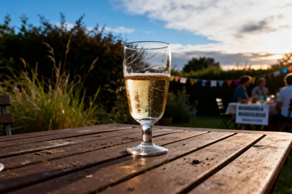 Verre de champagne sur une table en bois, jardin en arrière-plan avec personnes et décorations festives.