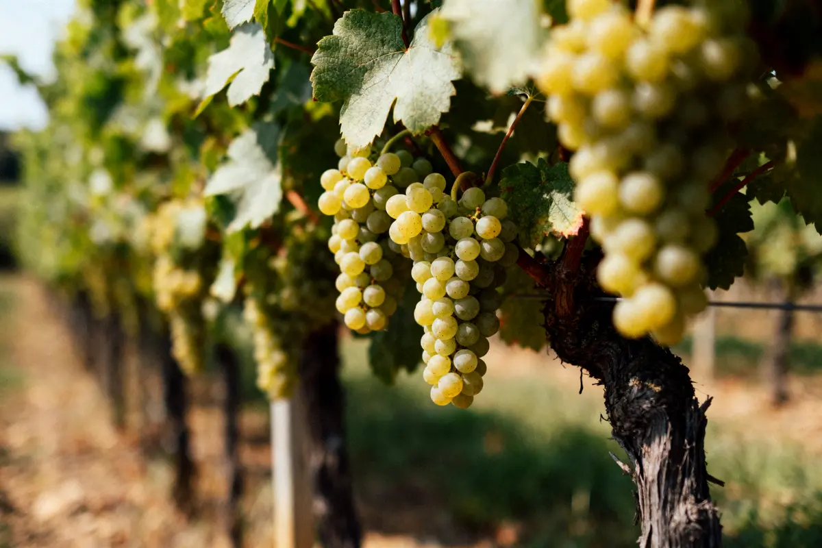 Vignes avec grappes de raisin blanc mûres, feuilles vertes, ensoleillées, rangée de ceps alignés.