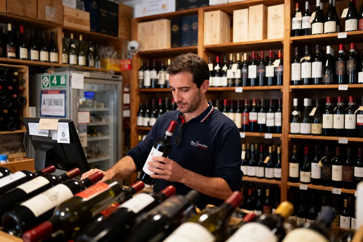 Un homme choisit une bouteille de vin dans une cave remplie de bouteilles de vin.