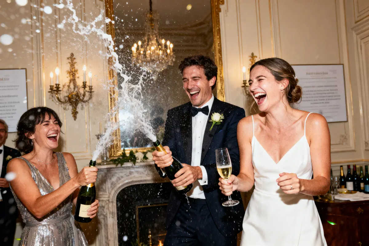 Deux femmes et un homme souriants, célèbrent avec champagne éclaboussant lors d'une réception élégante.